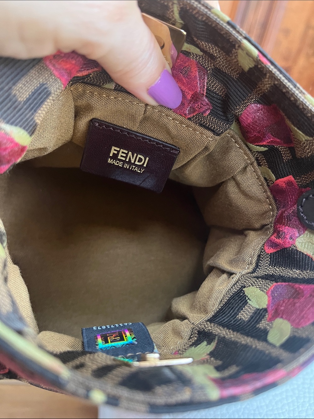 Fendi Chef Hobo Mini Bag with Pink Rose Print and Gold Charm - Picture 9 of 13